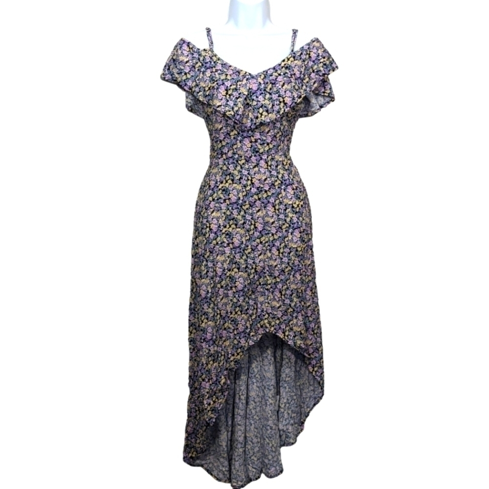 REWIND Purple Blue Aqua Sky Floral Off Shoulder High Low Unique Dress Summer